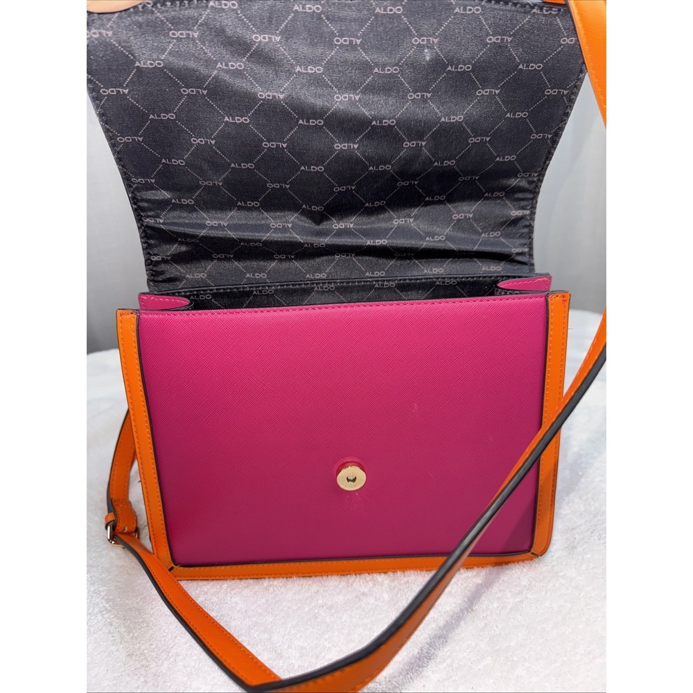 Aldo Satchel Handbag Hot Pink Orange Tan Raffia With Floral Embroidery EUC Cute! - Picture 5 of 9